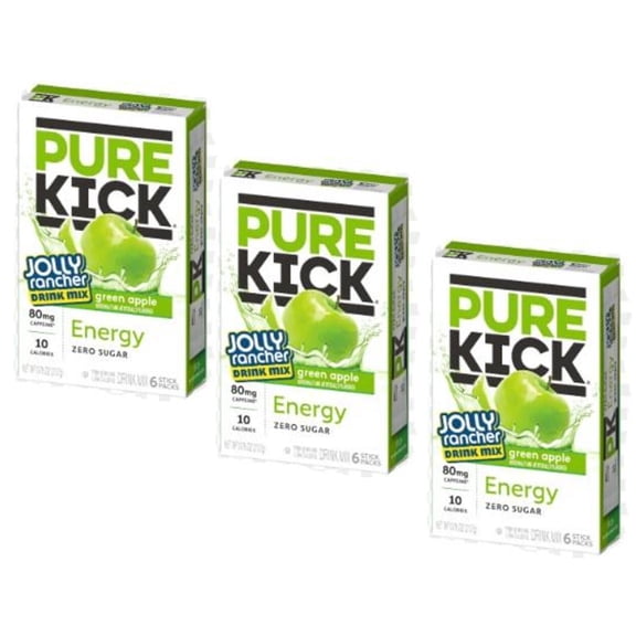 CGT Pure Kick Green Apple Jolly Rancher Singles to Go Zero Sugar Caffeine Vitamins Electrolytes Gluten Free Water Enhancer Powdered Drink Mix On-The-Go(3 Boxes-6 Packets per Box=18 Total Servings)