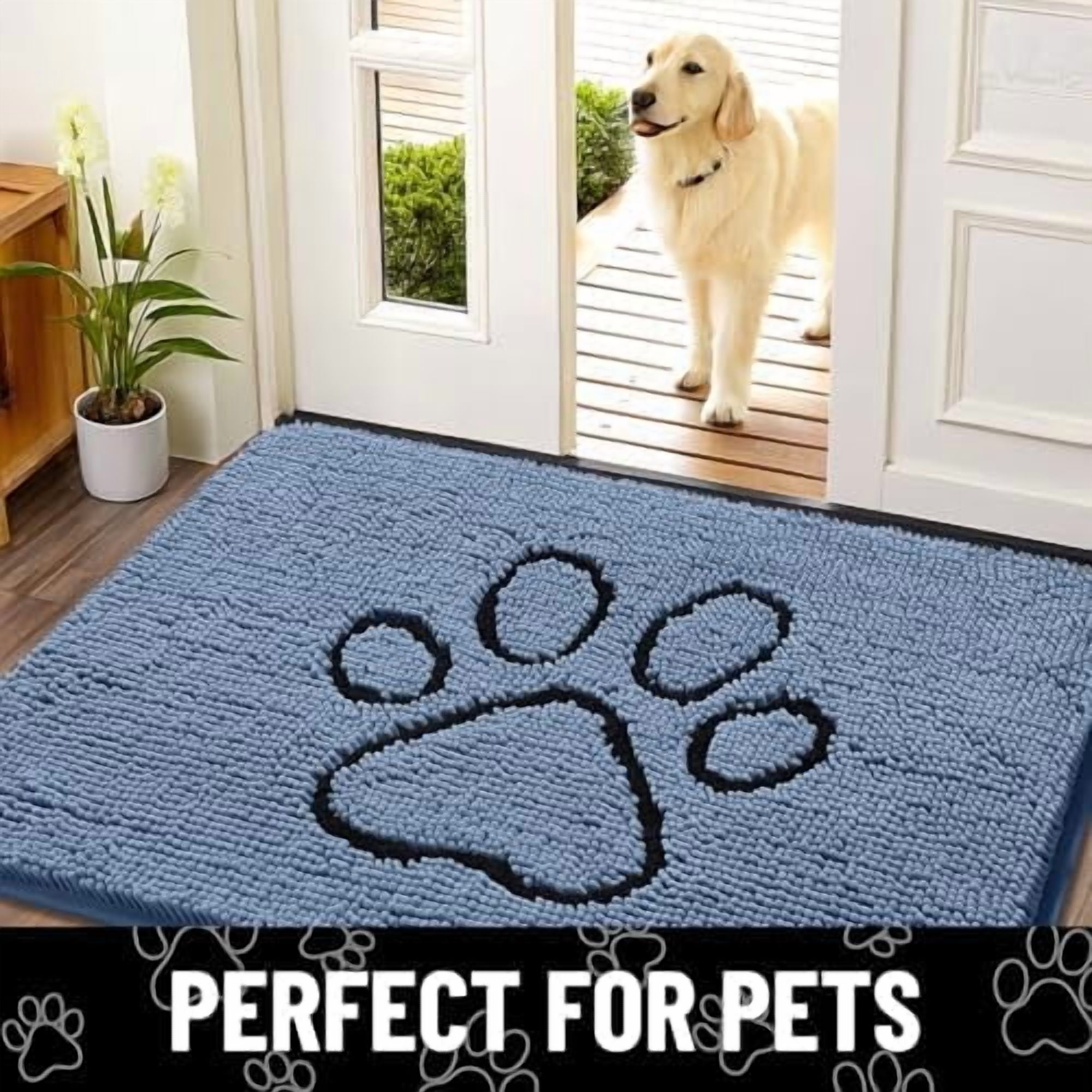 Dog Door Mat for Muddy Paws, Absorbent Dirt Trapper Non Slip Quick Dry Washable Chenille Mat for Mud Dogs, Entry Rug for Indoor and Outdoor (36x24 Inches, Airy Blue and Black)