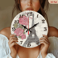 thumbnail image 2 of 2D Flat 1pc 10Inch Elegant Parisian Eiffel Tower Wall Clock with Red Rose Accents, Silent Movement, Round Wooden Clock, Battery Powered with AA Battery (Not Included), Digital Display, 2 of 7
