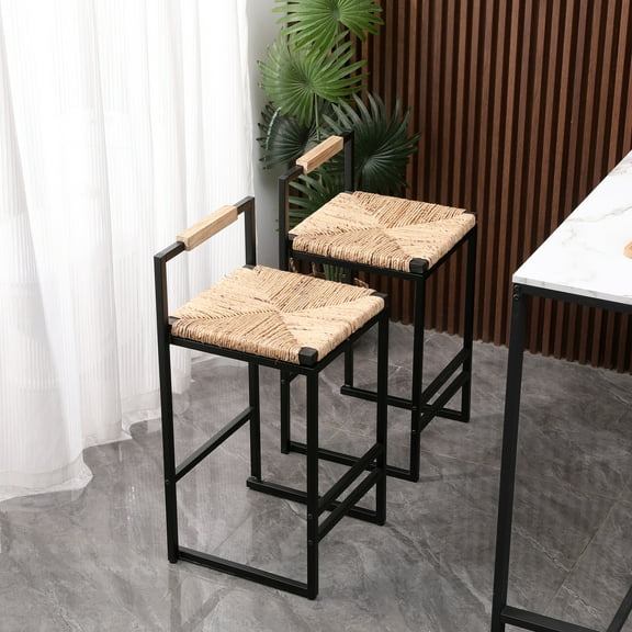 SYNGAR Bar Stools Set of 2, Modern Bar Stool with Low Backrest and Footrest, Armless Water Hyacinth Woven Bar Stools with Adjustable Leg Pads, Counter Height Bar Stools for Living Room, Kitchen