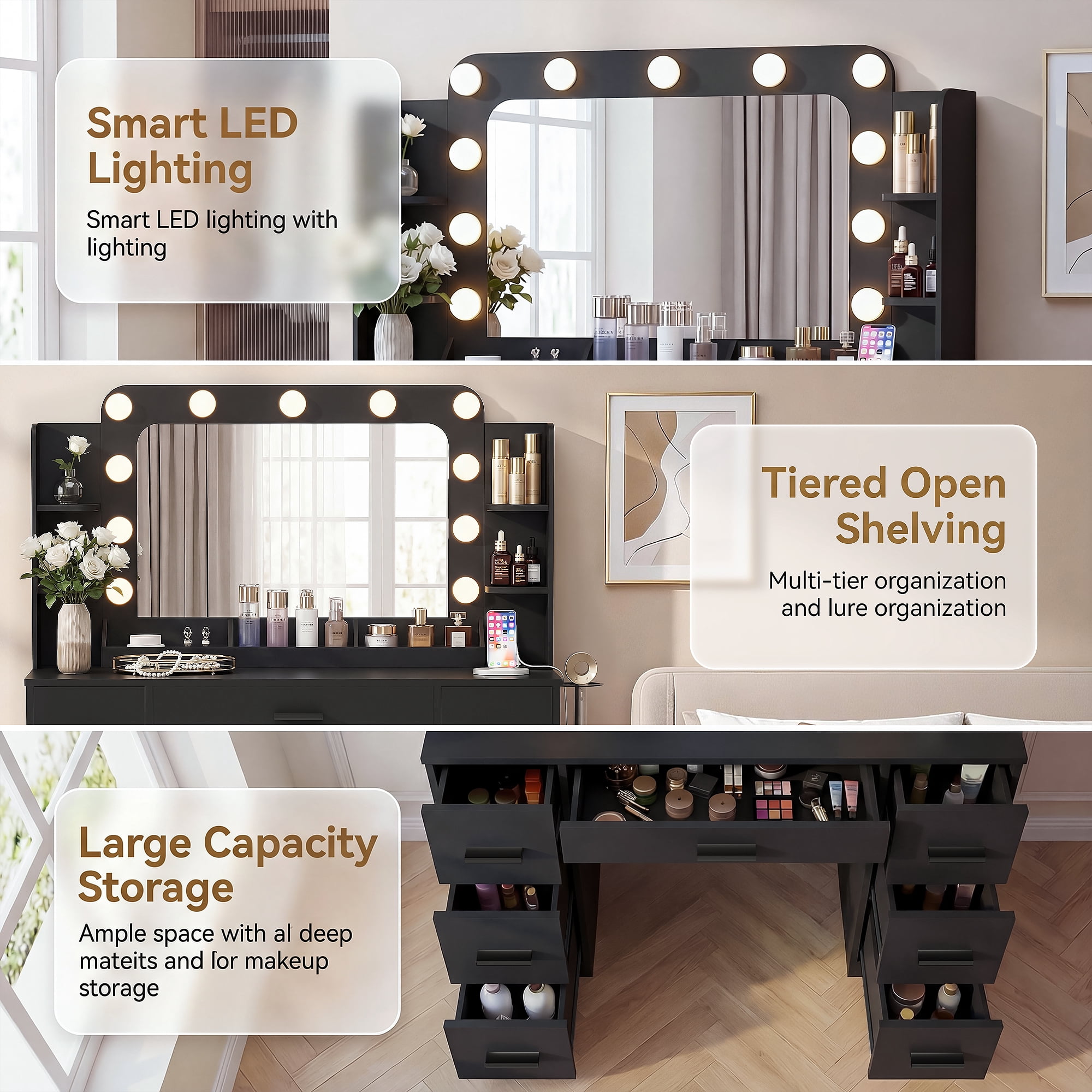 Homall Vanity Desk with Lights & Mirror, Makeup Vanity Set with Power Outlet & Storage Drawers Shelves for Bedroom, Black