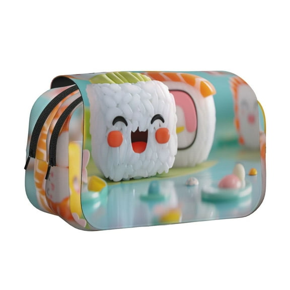 Sikiie Kawaii Sushi Characters Delight Print Flip Double-layer Pencil Case, All-purpose Stationery Bag for Study and Office, Zipper Design, Unisex