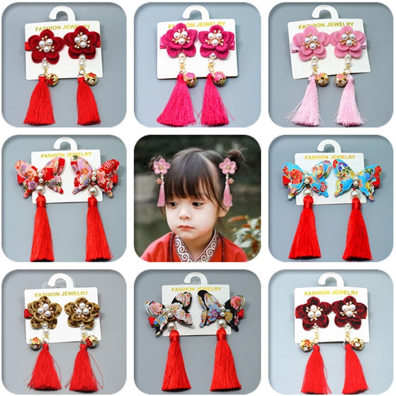 MOREFUN Baby Girls Chinese Style Hairy Furry Flower Tassels Hair Clips Barrettes For Kids Festival