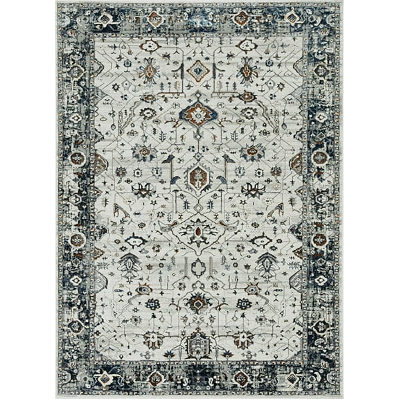 7' Ivory Grey Machine Woven Floral Traditional Indoor Runner Rug