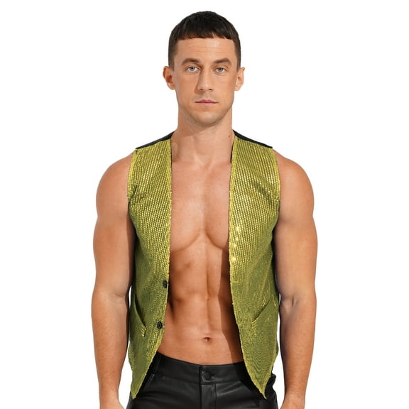 Sxiwei Men Sleeveless Shiny Sequins Waistcoat Jazz Dance Costume Rave Festival Disco Party Costume Gold L