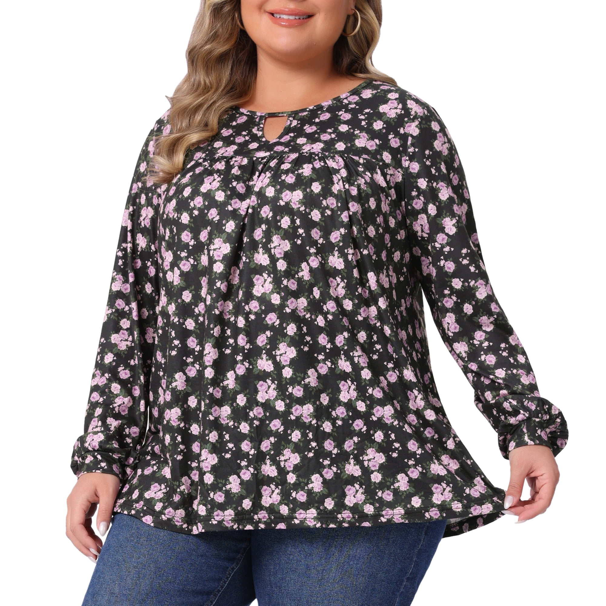 DARING DIVA Women's Plus V Neck Keyhole Pleated Floral Blouse 2X Black