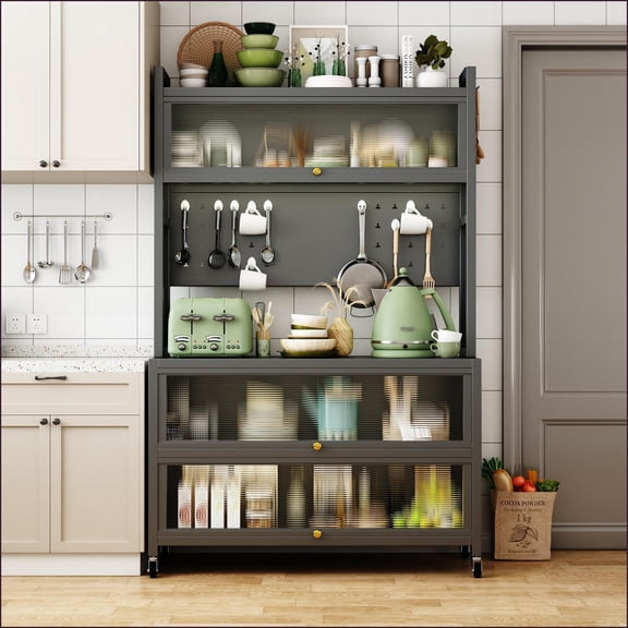 Kitchen Storage Rack, Metal Bakers Rack with Cabinets | Grey | Heavy-Duty