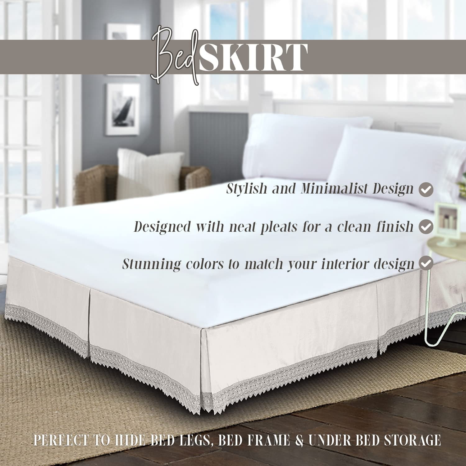Elegant Comfort Narina Collection Lace Bed Skirt 15inch Drop, 1500 Thread Count Egyptian Quality, Sophisticated Design for a Vintage Look- Easy Care and Wrinkle Resistant, Lace Bedskirt, Full, Cream