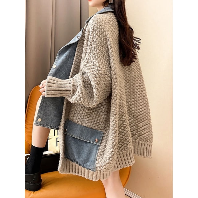 2023 Spring Autumn Denim Patchwork Loose Lazy Style Thickened Clothes Knitted Sweater Coat Cardigan Top Women