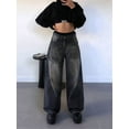 thumbnail image 4 of Women'S Wide Leg Jeans Distress Mid Waist Denim Pants Vintage Y2K Trousers Black L, 4 of 7