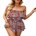 thumbnail image 2 of Women‘s Boho Romper Off Shoulder Elastic Waist Ruffle Shorts Jumpsuit Strapless Playsuit Flowy Beach Jumpsuit, 2 of 6