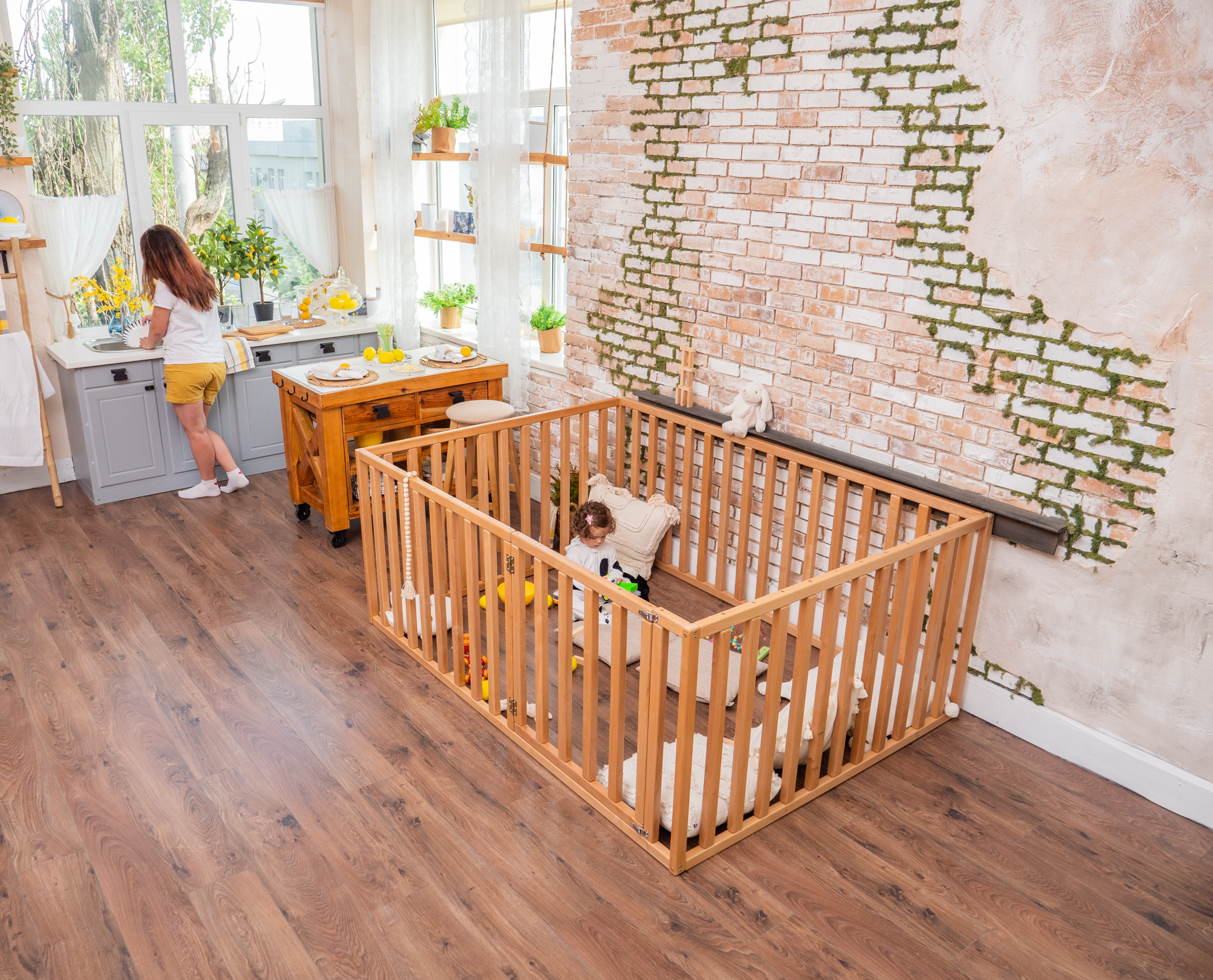 BUSYWOOD Montessori Playpen Bed, Full Bed with High Rails, Wooden Play