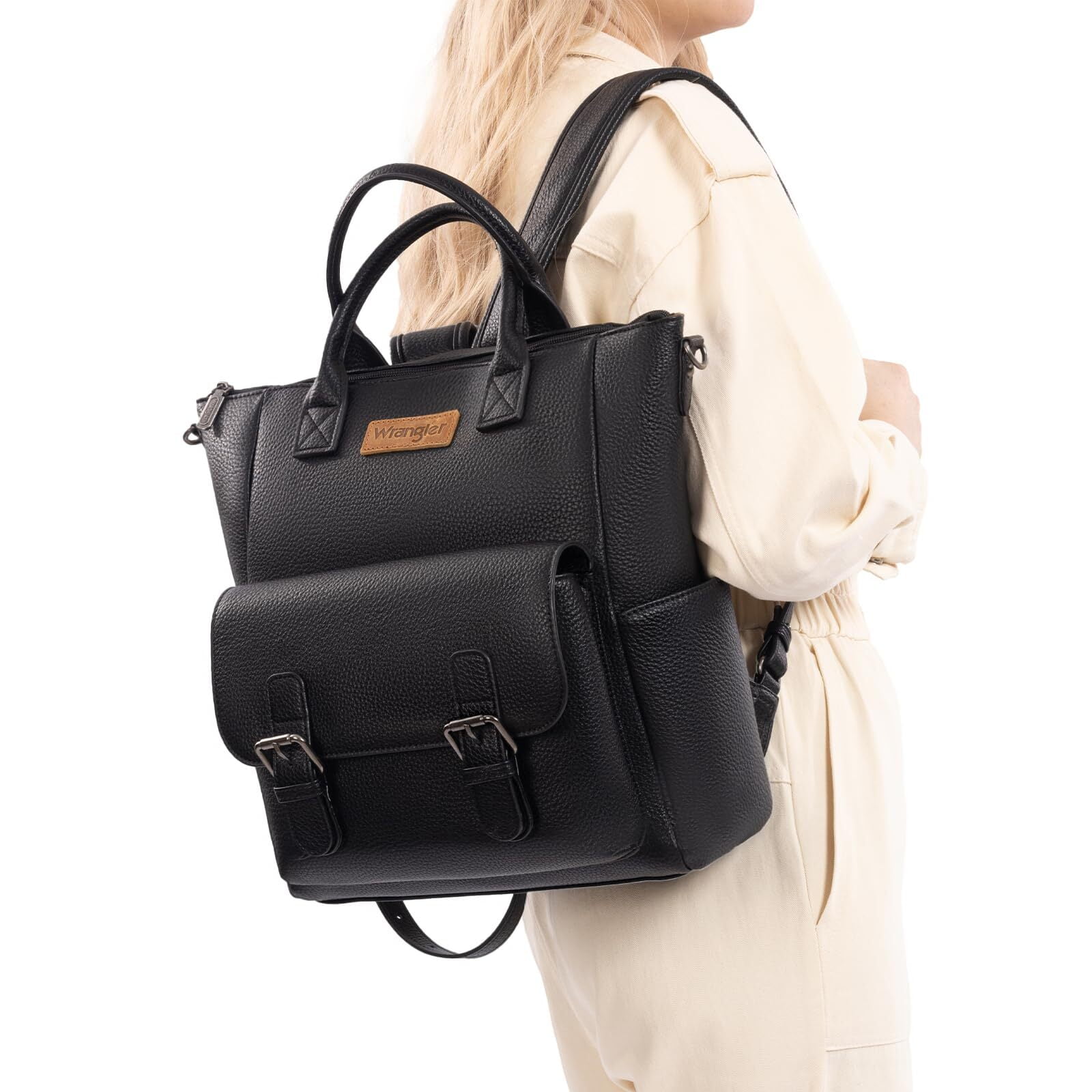 Wrangler Black faux Pebbled Leather Backpack with Front Pockets Faux Leather Convertible Satchel/Backpack | Wrangler | Wrangler® main image 3