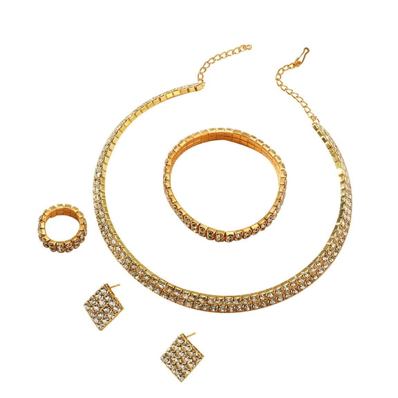 Fiaya Women Crystal Rhinestone Jewelry Set, Necklace Bracelet Ring Earrings Set of 5, Jewelry Accessories for Women Anniversary Wedding Party Gift (Gold-2Rows)