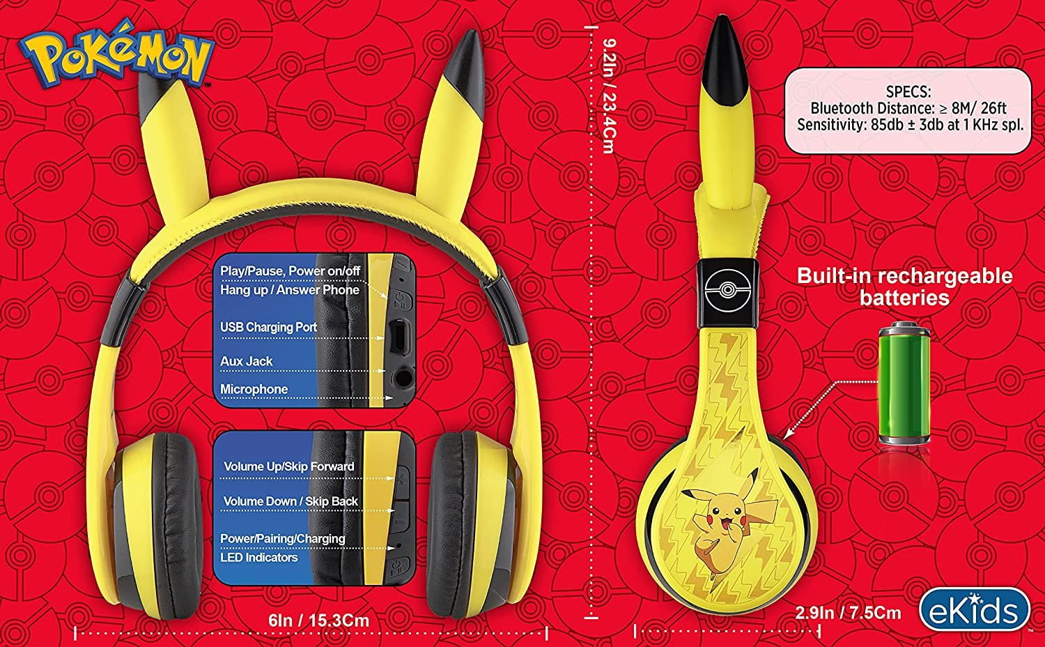 eKids Pokemon Bluetooth Headphones for Kids, Pikachu Wireless Headphones for Kids