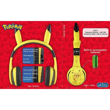 eKids Pokemon Pikachu Wireless Over the Ear Headphones - yellow