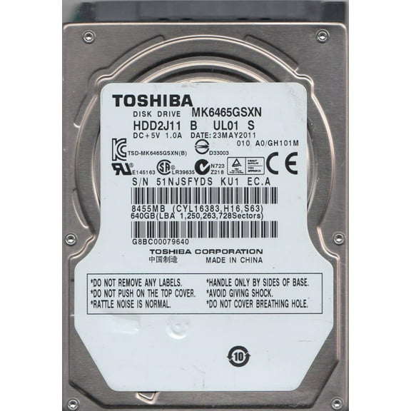 MK6465GSXN, A0/GH101M, HDD2J11 B UL01 S, Toshiba 640GB SATA 2.5 Hard Drive