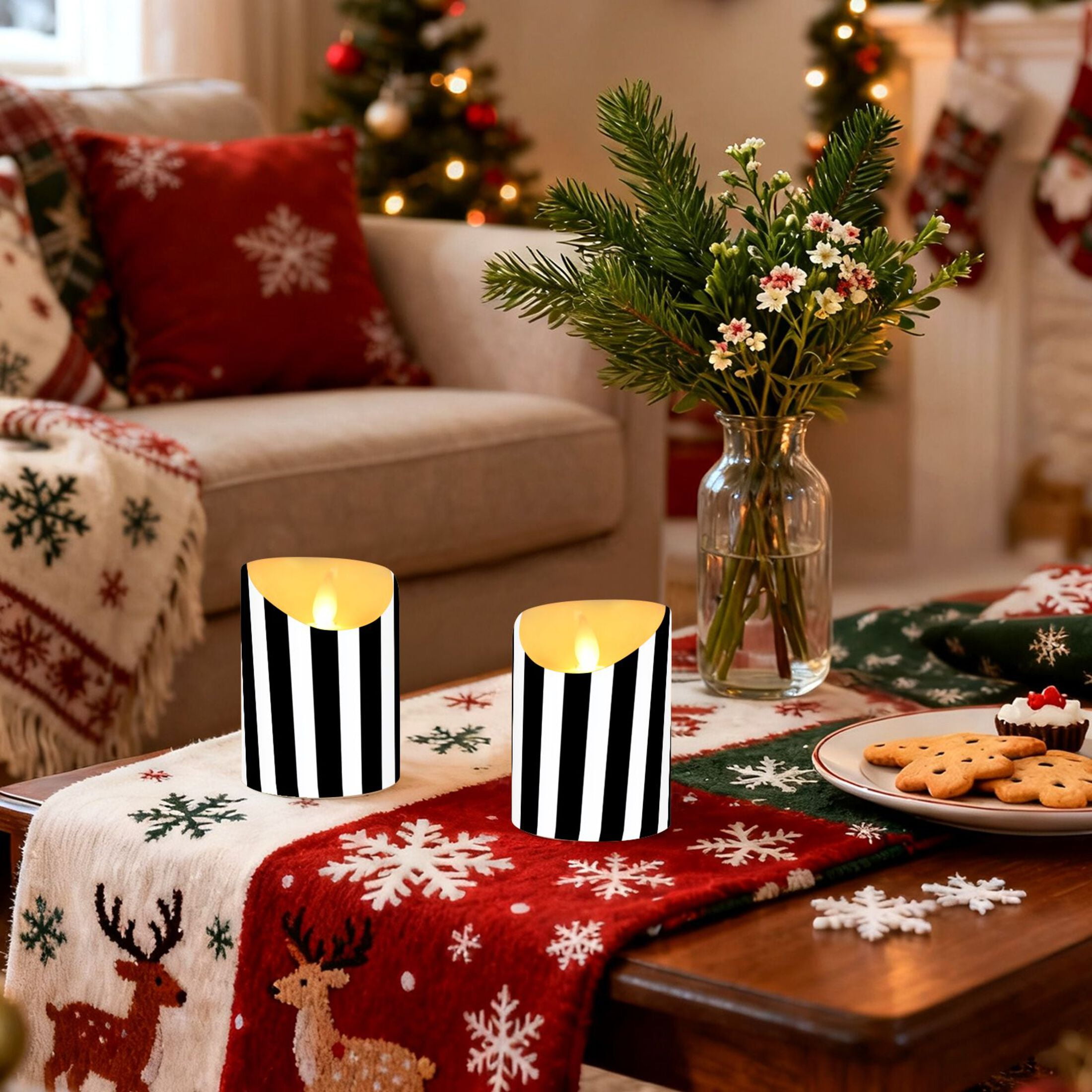 Stripes Lines Pattern Design Flameless Candles 2 PCS with Remote Realistic Moving Flame LED Tapered Pillar Set for Home Decor