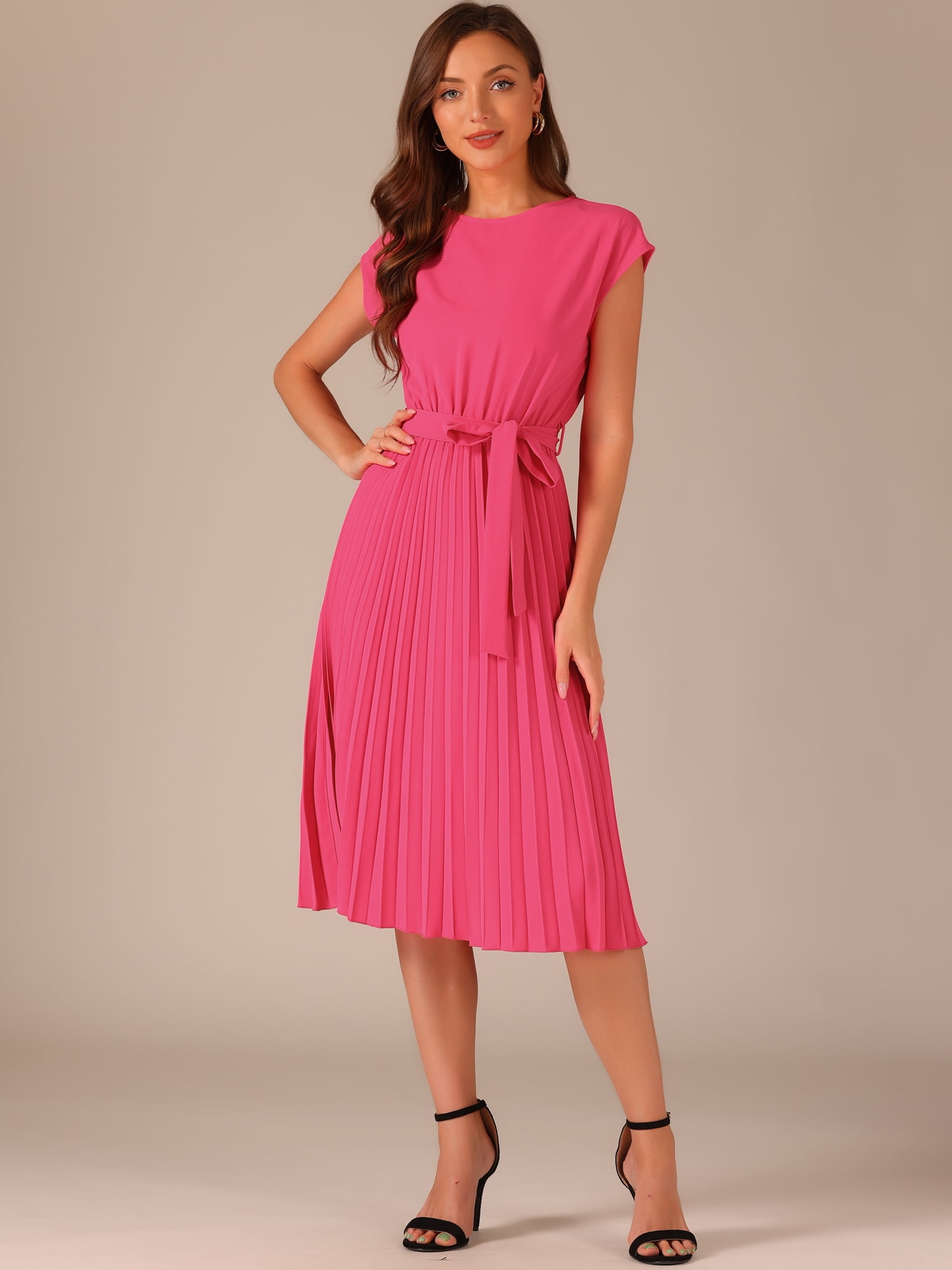 DARING DIVA Pleated Dress Sleeveless Tie Waist A-Line Dress XS Hot Pink