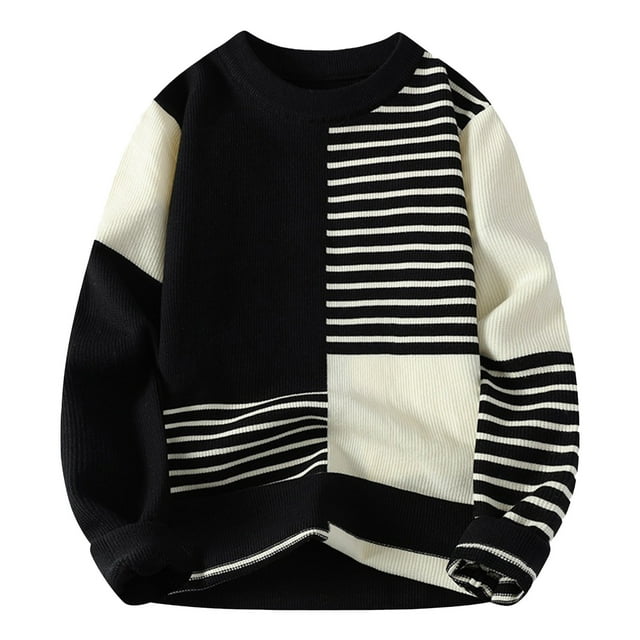 MIASHUI Chandail à Col Rond pour Homme à Rayures à Blocs de Couleur Tendance Mode Manches Longues Chandail Confortable Noir,TTG