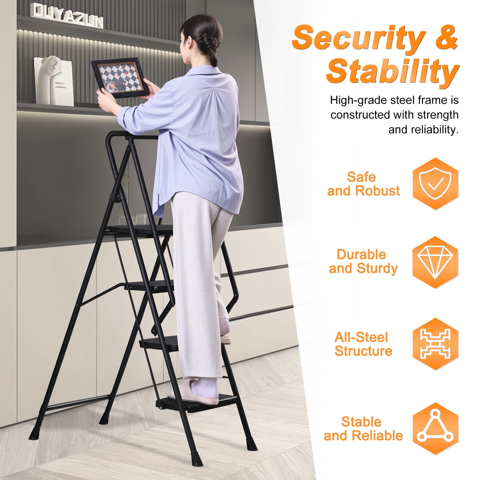 Alvantor 4 Step Ladder with Handrails, Portable Steel Folding Stool with Wide Anti-Slip Pedal Black