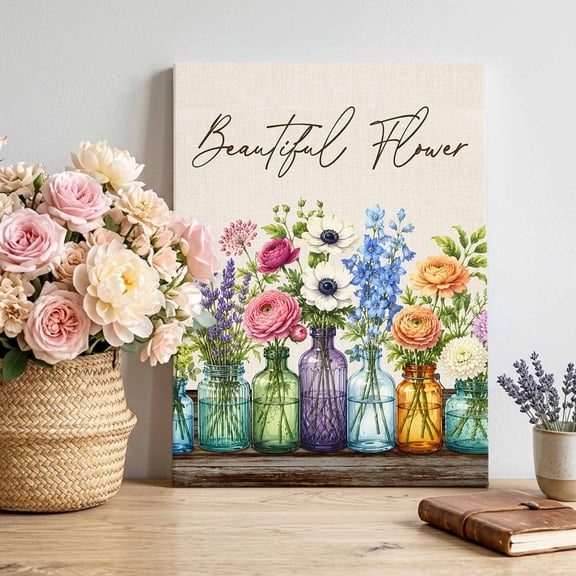 Beautiful Flower Canvas Wall Art for Living Room, Country Pastoral Farmhouse Blue Pink Orange Floral Poster Print Painting for Entryway Side Of Cabinet Decoration Wall Pictures Prepare To Hang 8"x12"