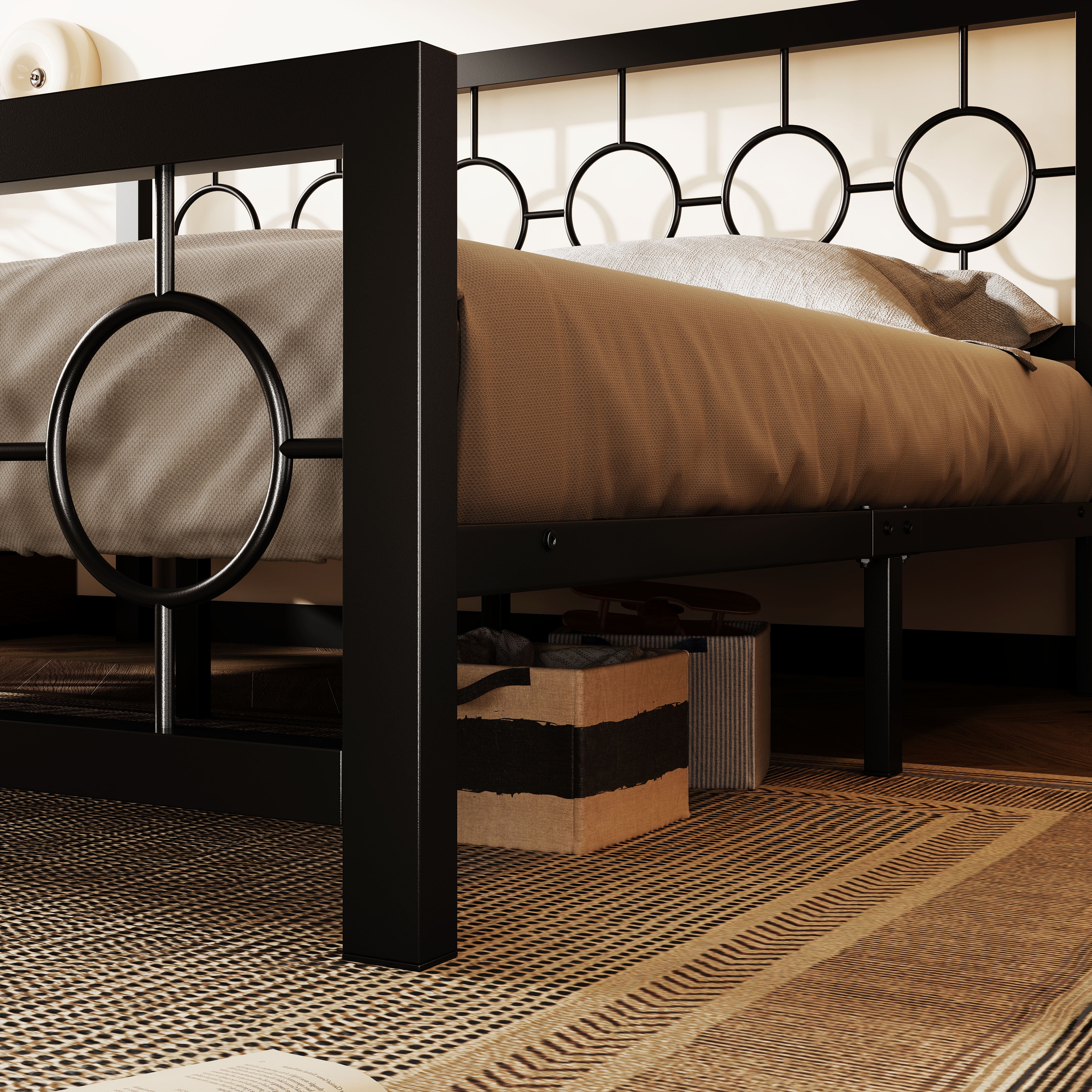 Amolife King Size Bed Frame, Heavy Duty Metal Platform Bed with Vintage Circular Headboard & Footboard, Black