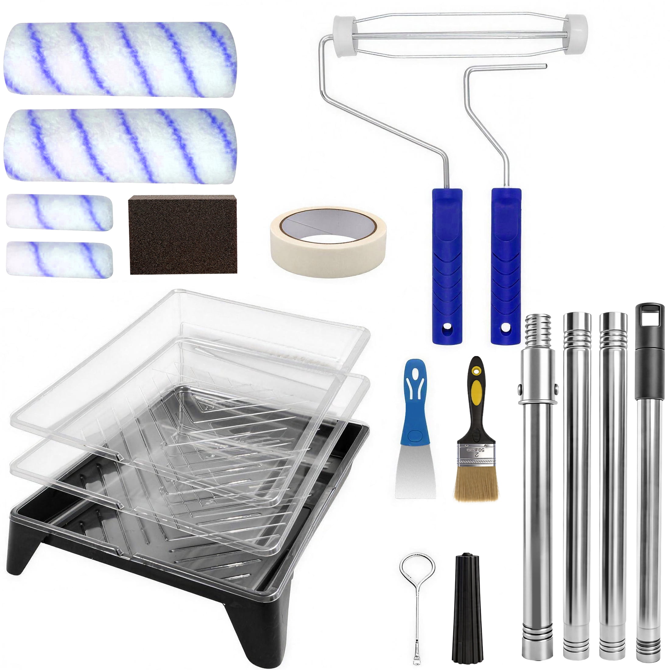 Paint Roller Kit with Extension Pole, 19 Piece Paint Brushes Set for House & Wall Painting, Indoor/Outdoor House Painting Tool Kit