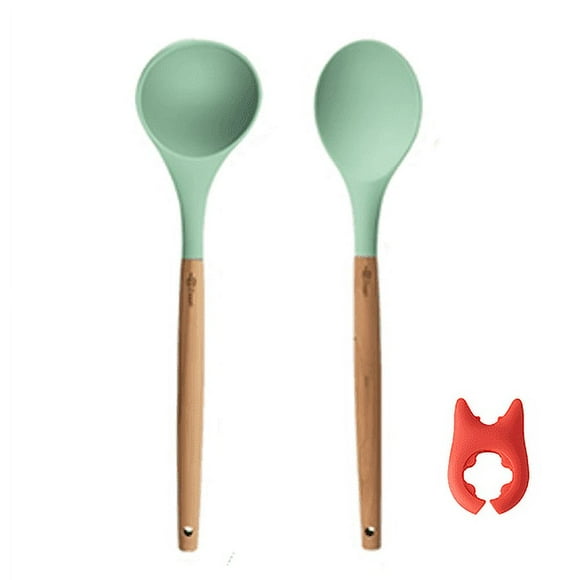 Ziaan - 3 pc Silicone Set Wood Soup Laddle Spoon/Scoop in Green for Cooking with Handle Clip