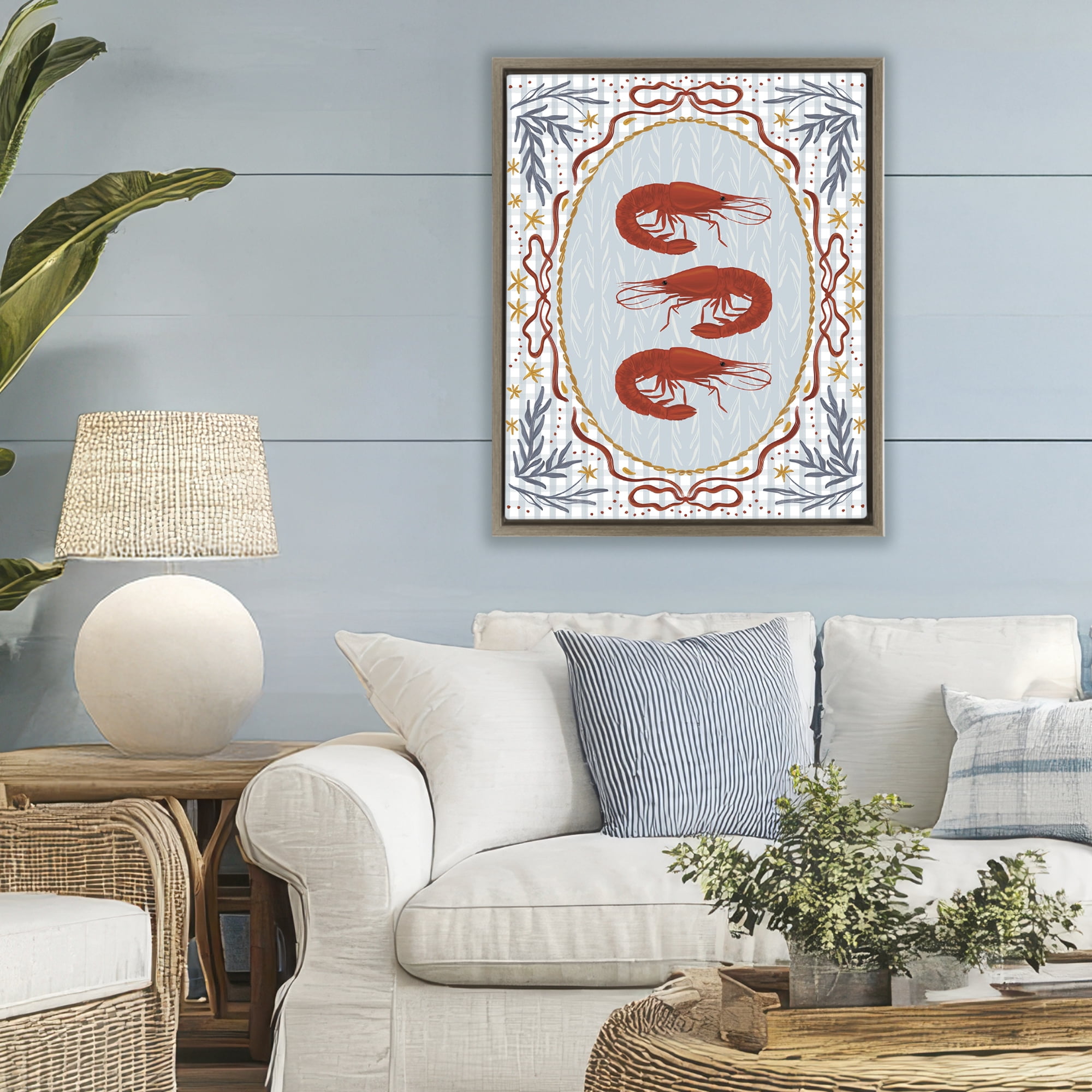 Stupell Industries Three Red Prawns on Gingham Brown Framed Floater Canvas Wall Art, design by Vero Illustrates