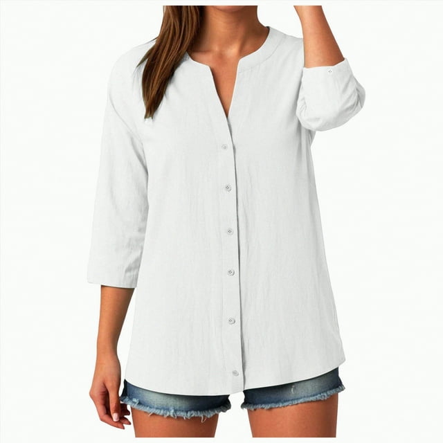 Chemises à Manches 3/4 pour Femmes en Coton et Lin, Col en V, Coupe Ample Décontractée