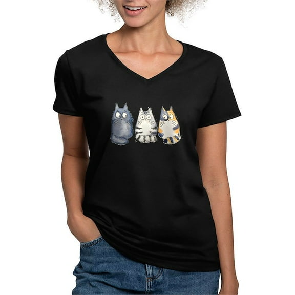 CafePress - Three 3 Cats Women's V Neck Dark T Shirt - Women's V-Neck Dark T-Shirt