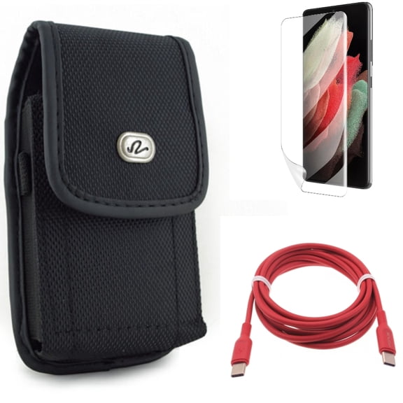 Case Belt Clip & Red 6ft Long Cable & Matte Screen Protector for Samsung Galaxy S22 Plus (S22 ) - Combo Rugged Holster & USB-C to Type-C PD Fast Charger Cord & TPU Film Anti-Glare