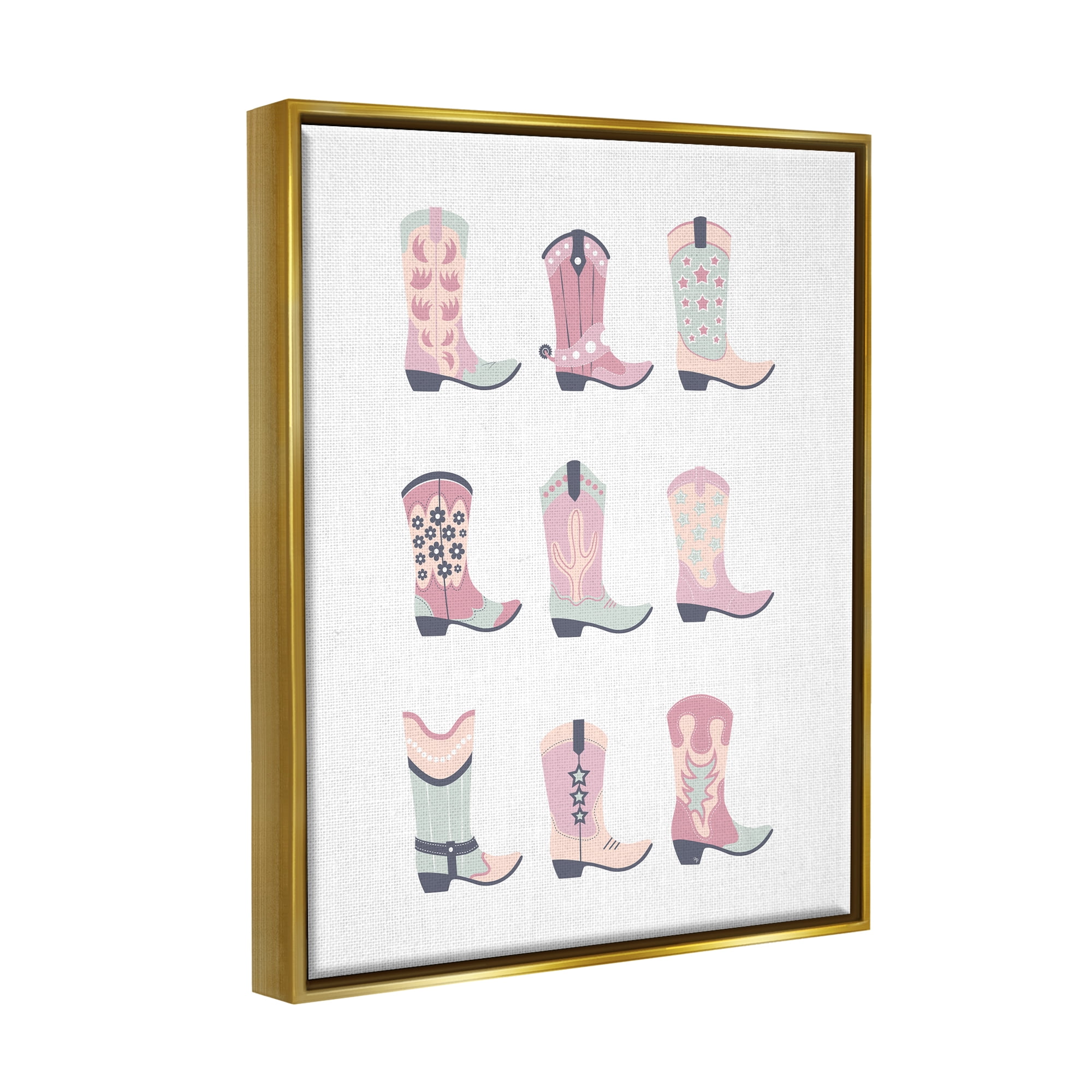 Stupell Industries Various Pastel Cowgirl Boots Beauty & Fashion Painting Gold Floater Framed Canvas Art Print Wall Art, 17 x 21