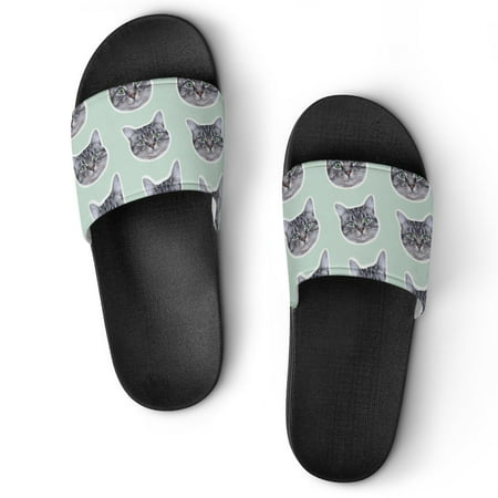 

GZHJMY Stylish Slides for Women Men Grey Cat Faces White Contour Soft Flexible Slip-on Sandals Slippers