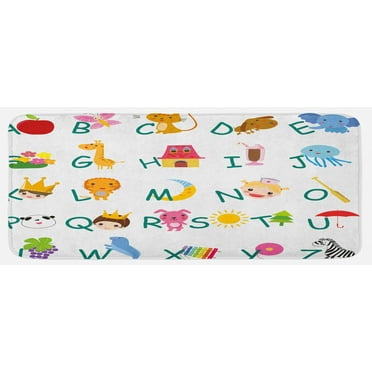 Science Kitchen Mat, Alphabet with Fruits Animals Prince Cartoon Cheerful Colorful Design, Plush Decorative Kitchen Mat with Non Slip Backing, 47" X 19", Multicolor, by Ambesonne