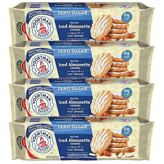 Voortman Bakery #1 in U.S. ZERO SUGAR COOKIES - Iced Almonette Cookies (Pack of 4 x 8 Oz Ea) Made Real ingredients ... Delicious!