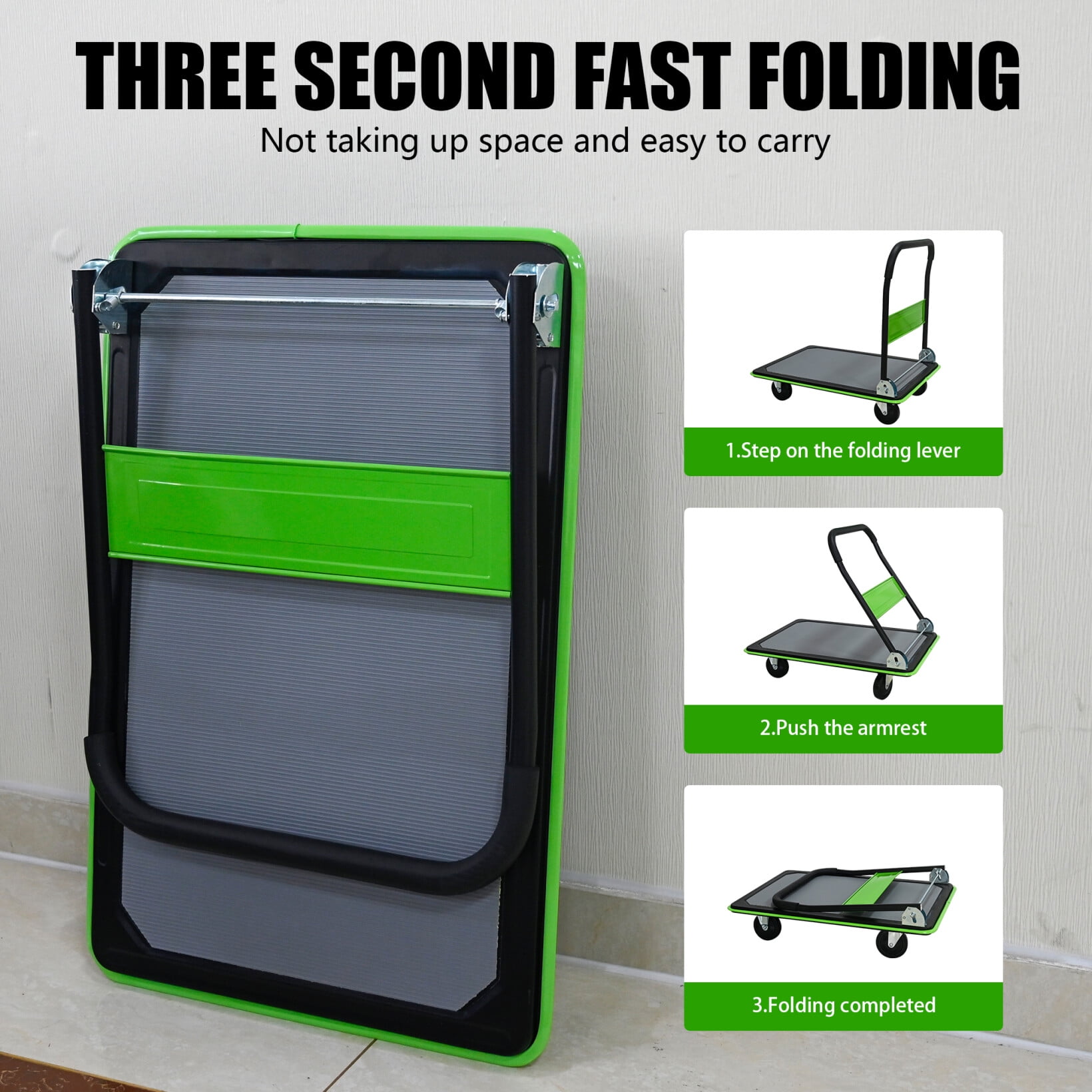 Foldable Flatbed Cart, 660LBS Heavy Duty Capacity Platform Hand Truck with 360 Degree Swivel Wheels, Foldable Push Hand Cart for Loading, Storage, Warehouse, Green