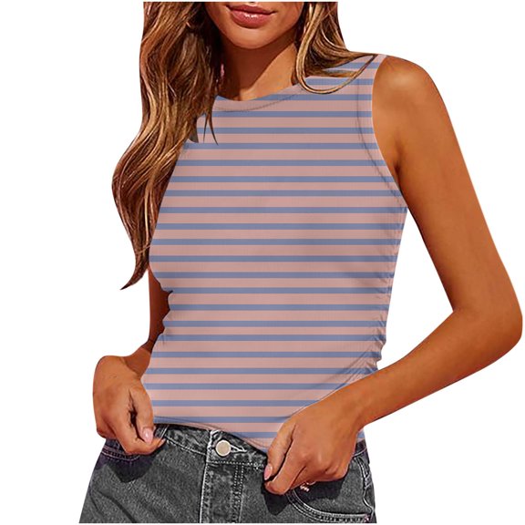 Staron Striped Tank Tops for Women Summer Sleeveless Crop Top Round Neck Casual Basic Fashion Beach Vacation Travel Loose Blouse, Pink XXL