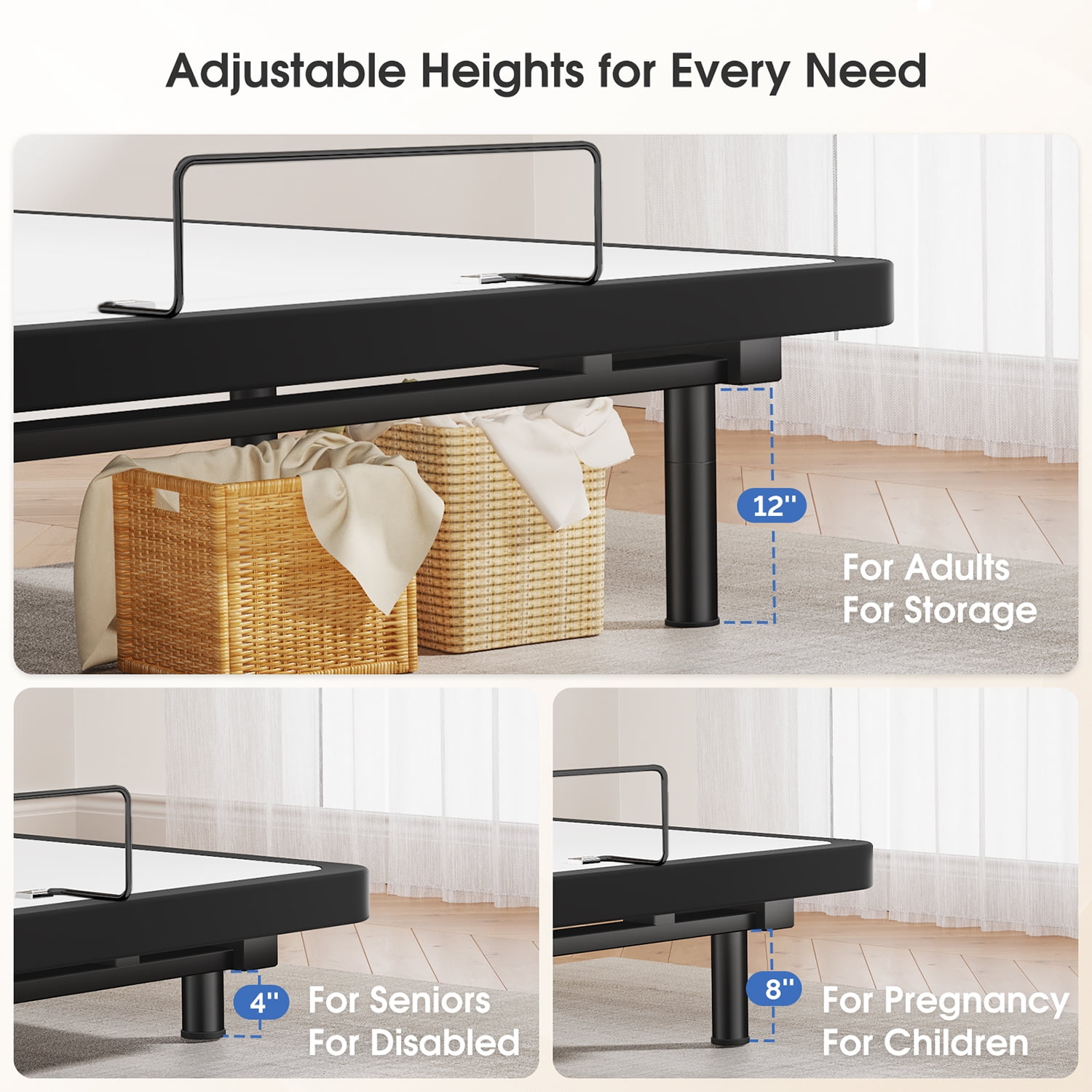 Queen Adjustable Bed Frame Base with Massage, Zero Gravity Ergonomic Electric Bed with Ultra-Quiet Motors, 4 USB Ports, Under-Bed Light, Wireless Remote, Fast Assembly, 3 Height Options