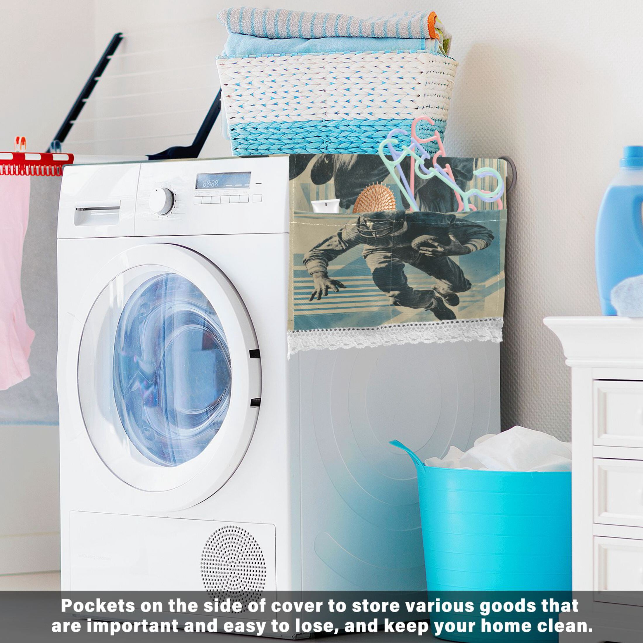 Wobogo American Football Player Washing Machine Cover Dustproof Washer Dryer Cover Waterproof Laundry Room Decorative Protector