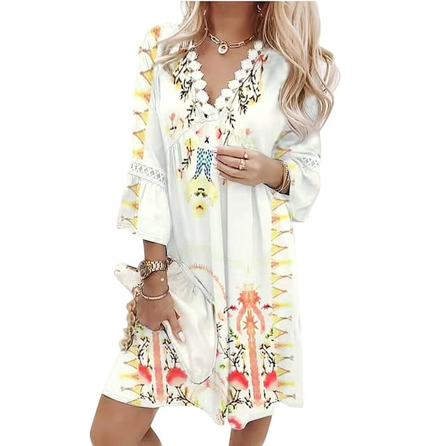 VISgogo Vestido suelto con cuello en V para mujer, bohemio 3/4 de manga larga con ribete de encaje, minivestido de playa fluido VISgogo moda