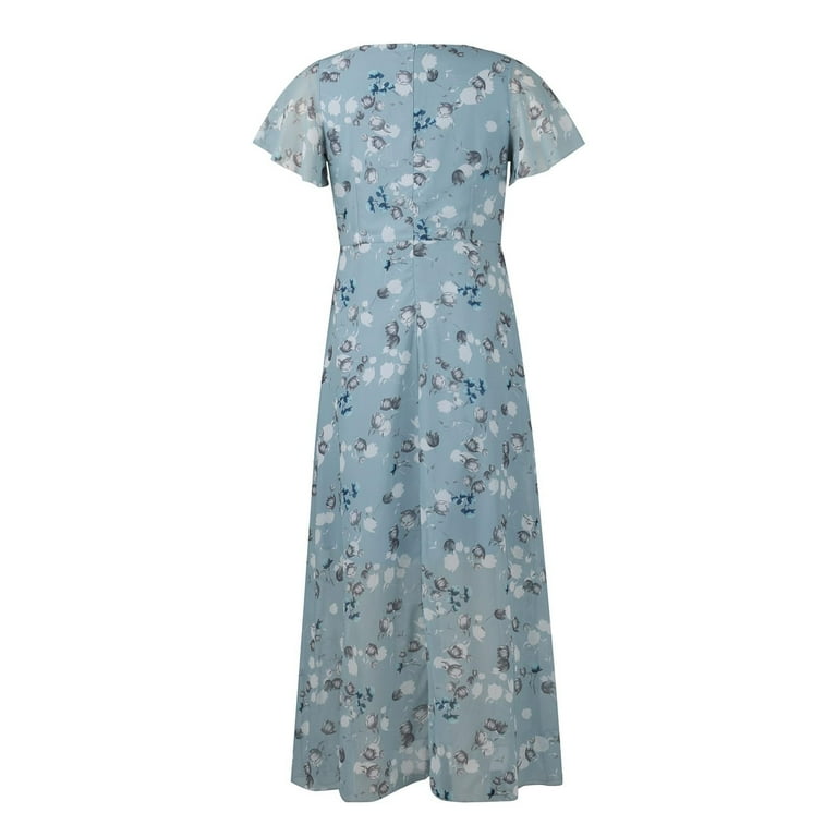Feifly Women Dresses Flowy Boho Vacation Swing Long Dress Chiffon Floral Short Sleeve Ruffle V-Neck Fashion Waist Flowy Dresses Flowy Boho Vacation