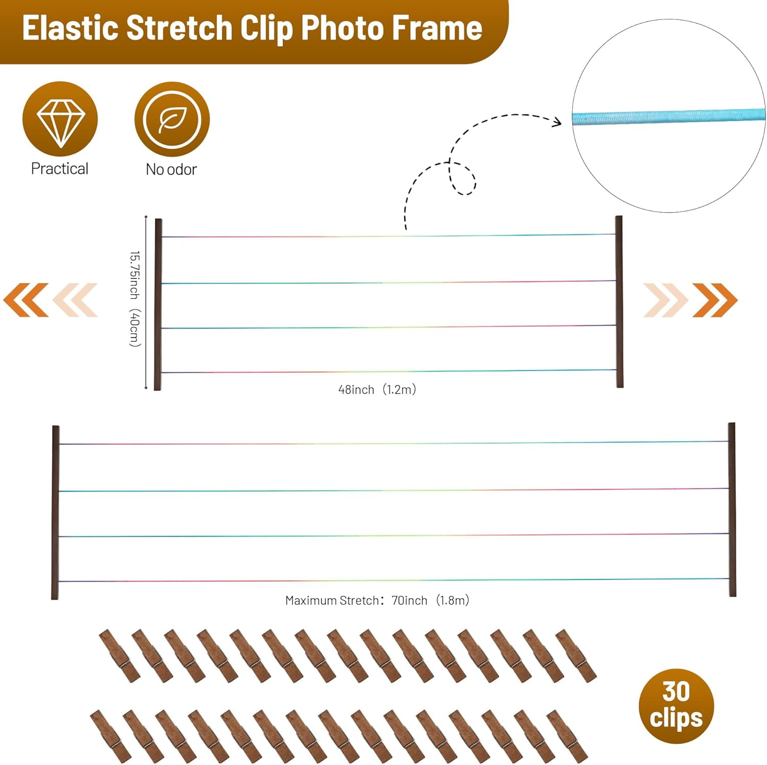 Photo Display Doard Picture Frames Collage Wall Decor Hanging Pictures with 30 Clips and Adjustable Elastic Cord Wood Rustic Holder for Multi Pictures, Artworks, Cards