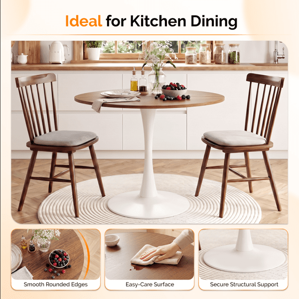 Round Tulip Dining Table for 4 People, Melamine Laminated MDF Tabletop with Metal Pedestal Base, Easy Assembly Modern Kitchen Dinner Table, 39.4"X39.4"X29.5"