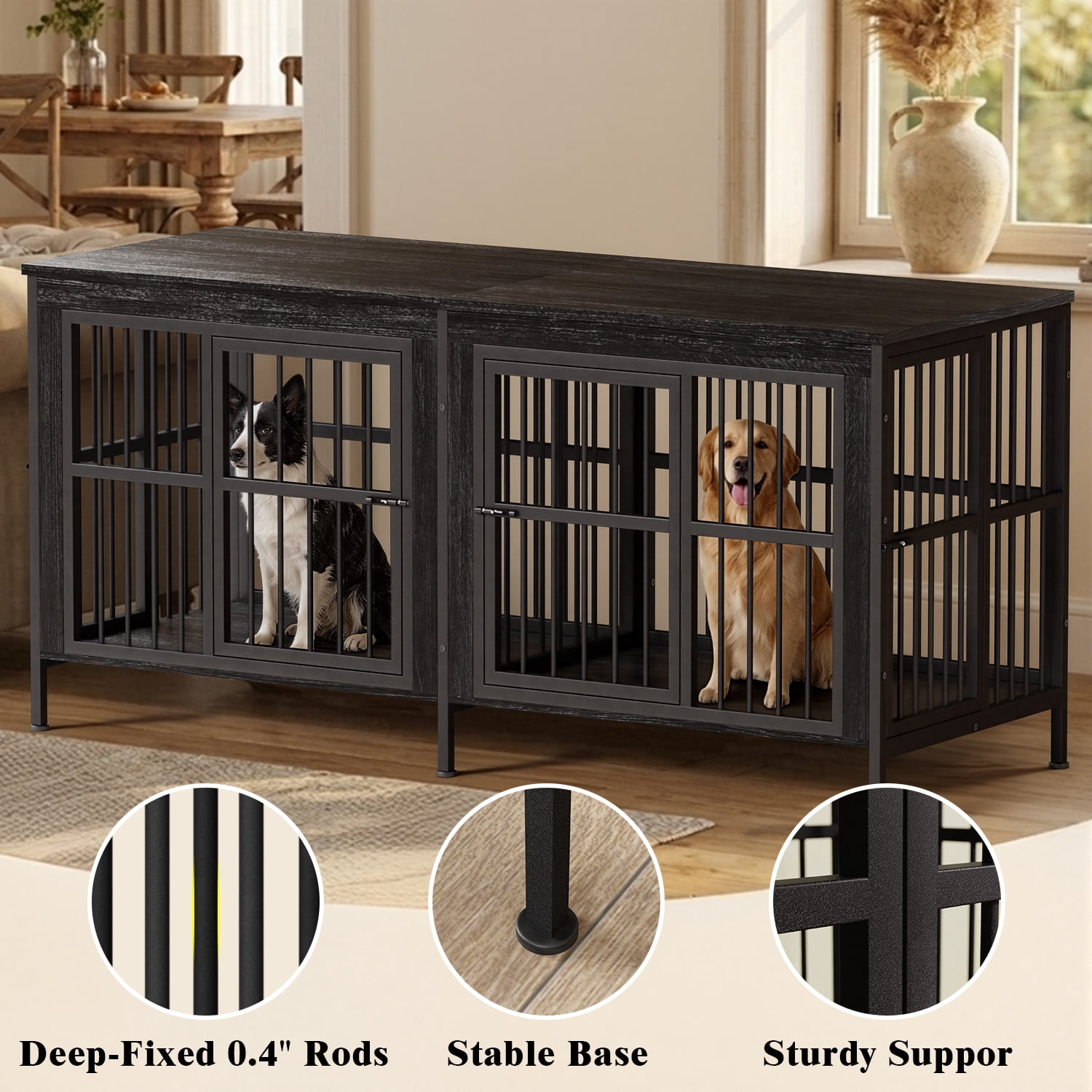 YOKWOK 78 Inch Dog Crate Furniture for Medium/Large Dogs with Removable Divider, Double-Doors Dog Kennel Furniture,Thick Wooden Dog Cage Furniture, Black