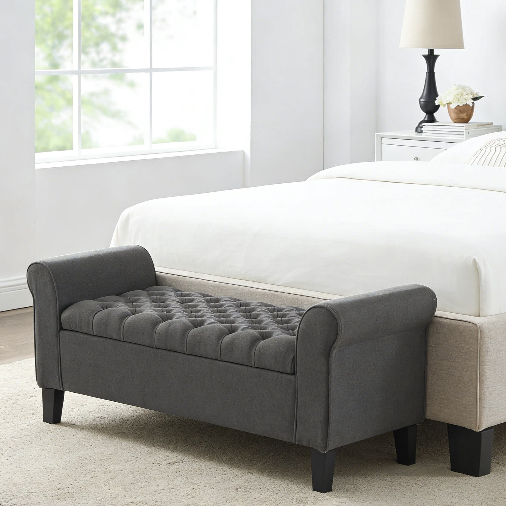 Gewnee 50" Solid Wood Flip Top Storage Bench, Linen Fabric, for Living Room & Bedroom, Dark Grey