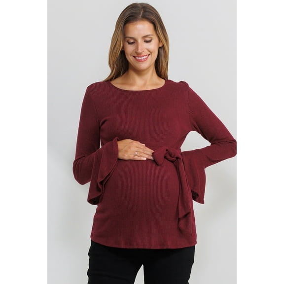 Solid Bell Sleeve Maternity Top with Keyhole Back and Faux Waist Tie