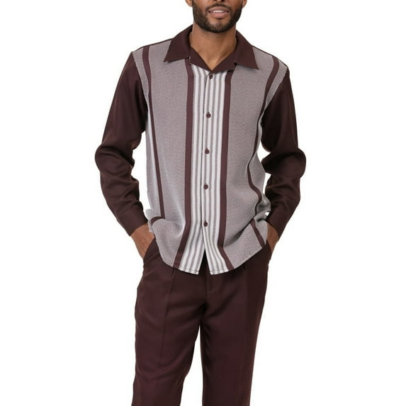 Montique Men's 2 Piece Long Sleeve Walking Suit Horizontal Stripe in Brown - 2060