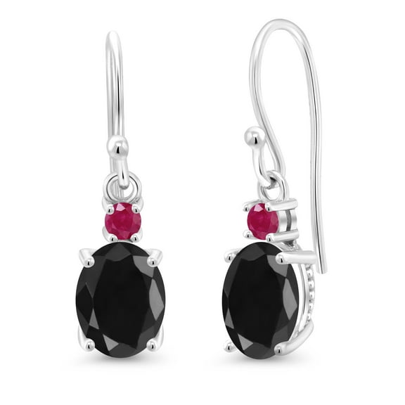Gem Stone King 10K White Gold Black Sapphire and Red Ruby Dangle Earrings for Women (3.56 Cttw, Gemstone Birthstone, Oval 8x6mm)